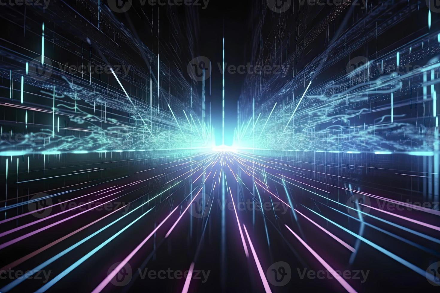 Speed of digital lights, neon glowing rays. Futuristic technology abstract background with lines for network, big data, data center, server, internet photo