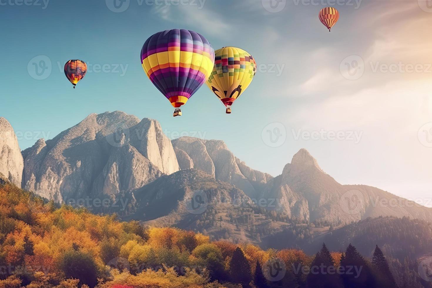 colorful hot air balloons fly in sky beautiful mountain landscape photo