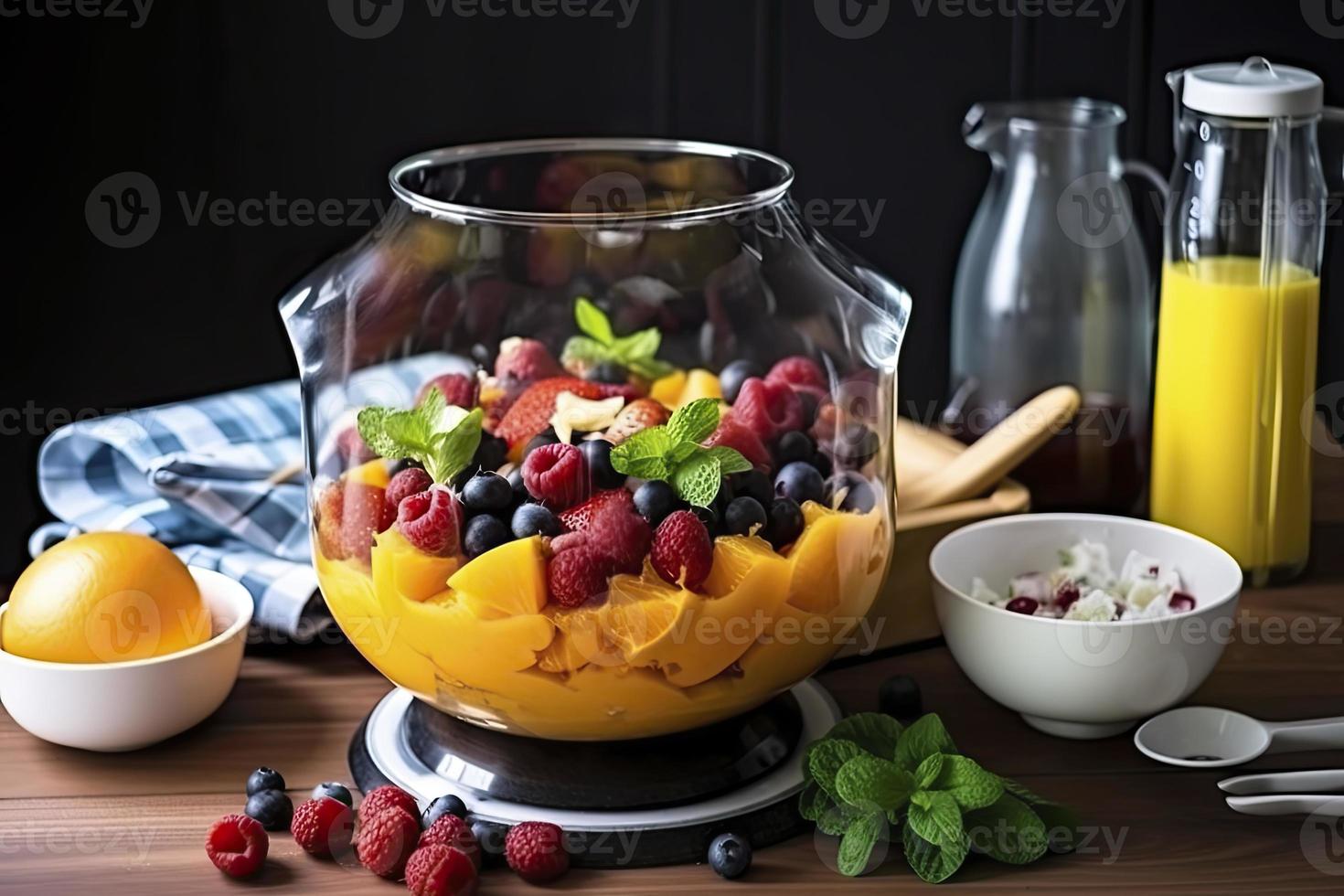 mixer of fruit orange juice and berry with salads dish breakfast on the wooden table in the modern kitchen photo