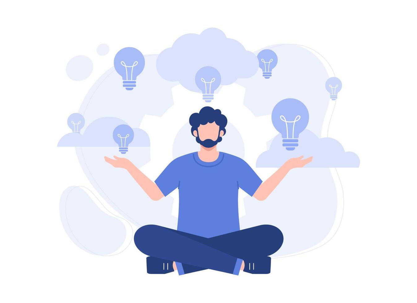A man with various light bulbs of ideas. Modern vector flat illustration