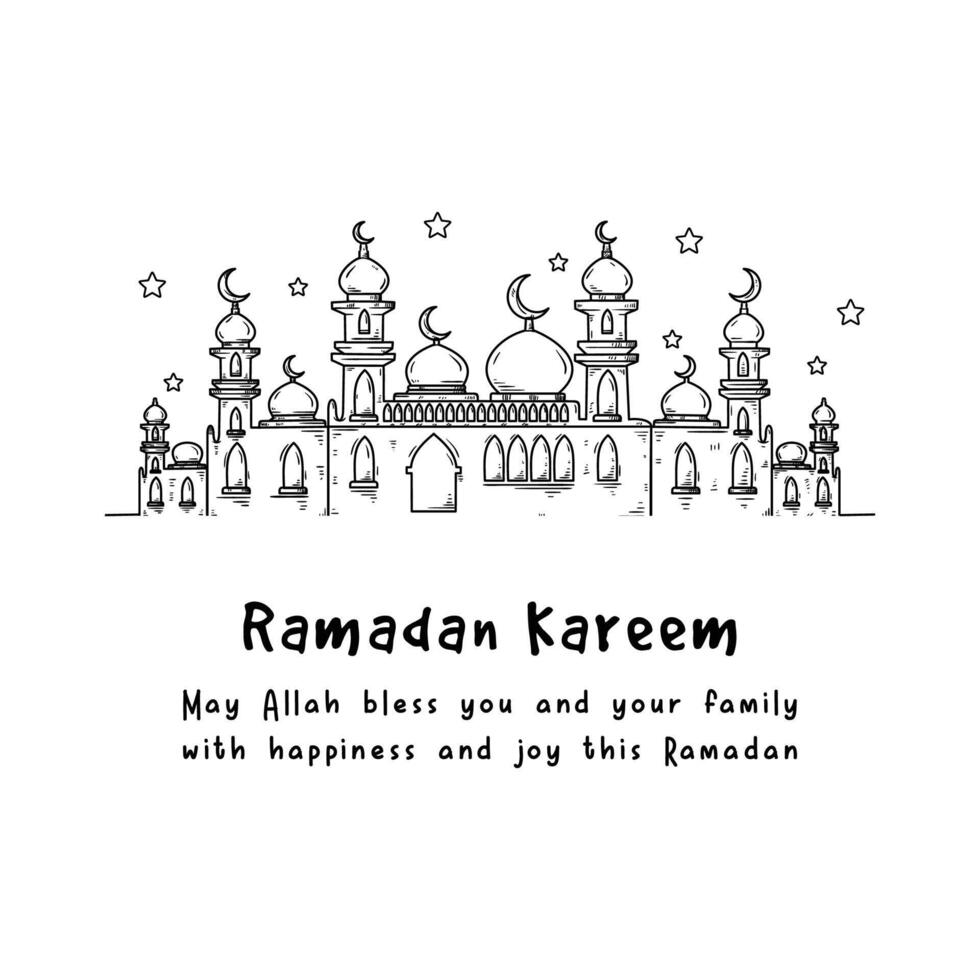 Vector illustration of a mosque and words 'Ramadan Kareem' that means Generous Ramadan. Suitable for poster, banner, invitation card, book cover, presentation, gift design, etc