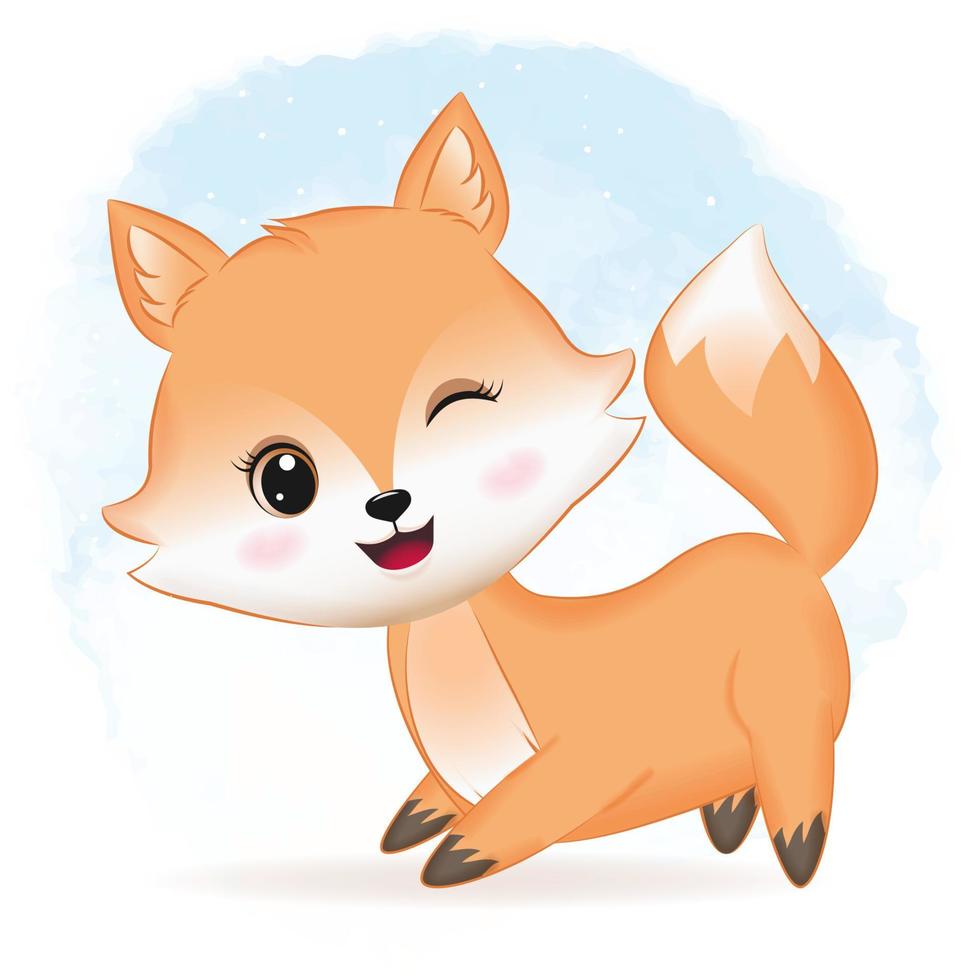 Cute fox hand drawn cartoon illustration watercolor background vector