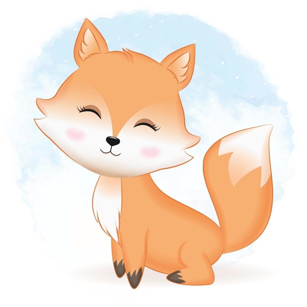 Cute fox hand drawn cartoon illustration watercolor background vector