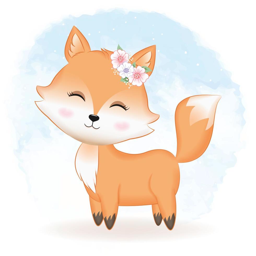 Cute fox hand drawn cartoon illustration watercolor background vector