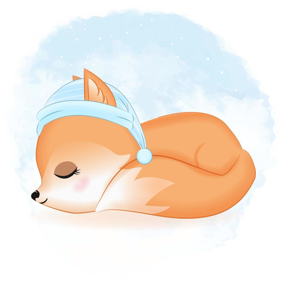 Cute fox sleeping hand drawn cartoon illustration watercolor background vector