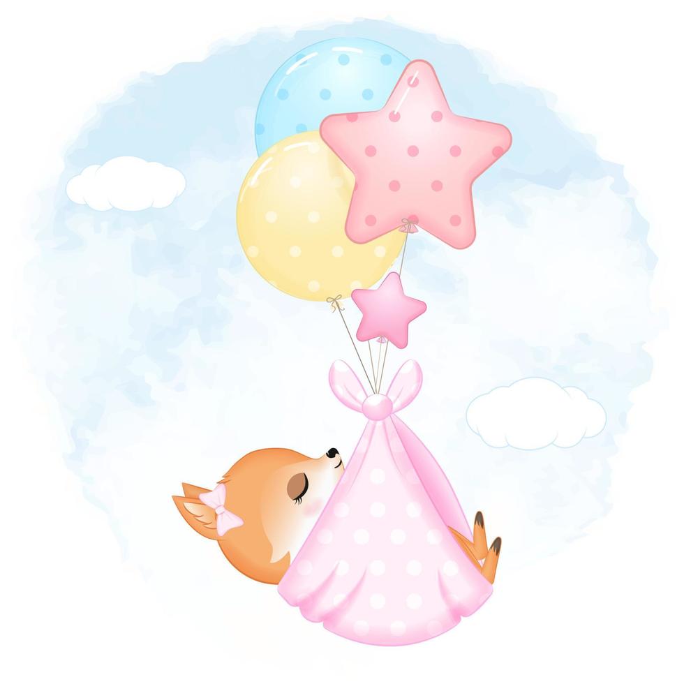 Cute Baby Fox with balloon newborn cartoon illustration vector