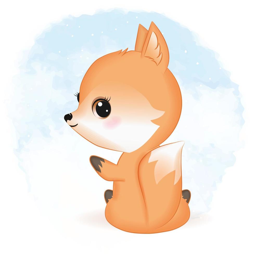 Cute fox hand drawn cartoon illustration watercolor background vector