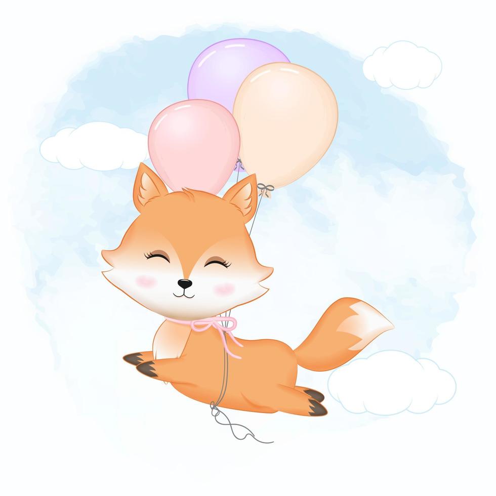 Cute fox and balloons hand drawn cartoon illustration watercolor background vector