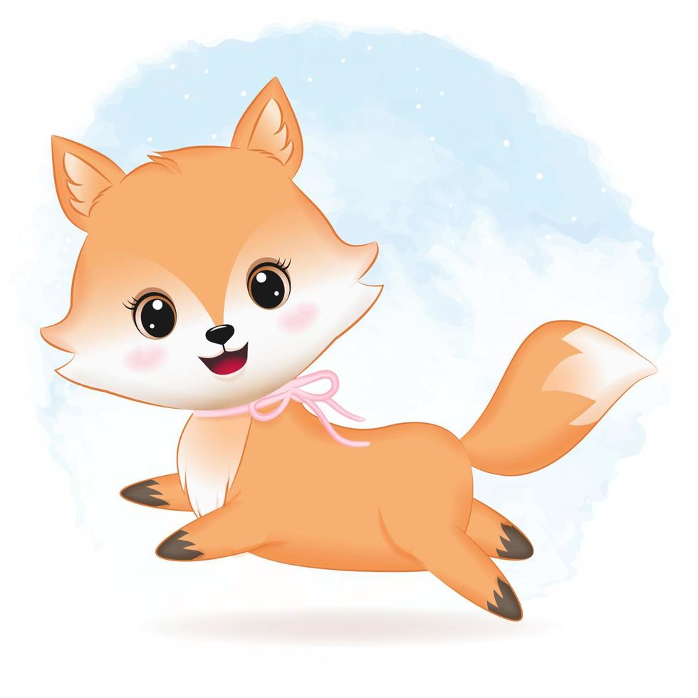 Cute fox hand drawn cartoon illustration watercolor background vector