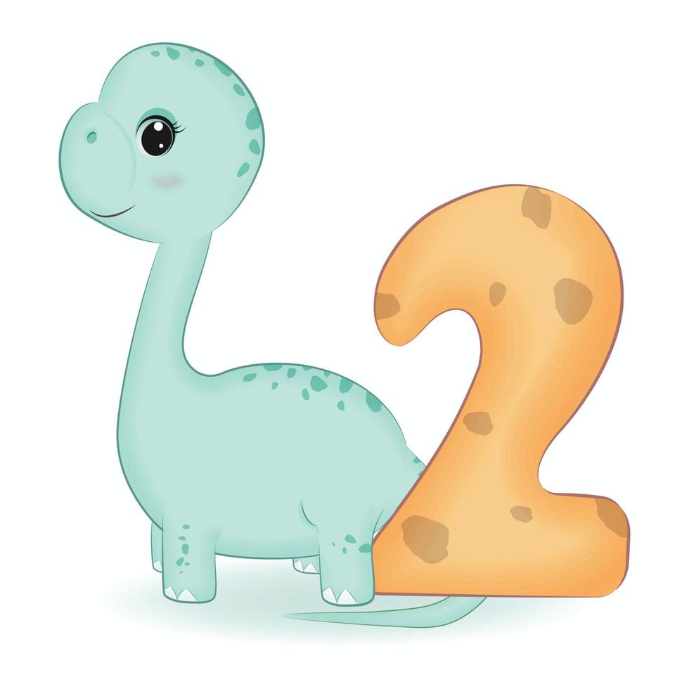 Cute Dinosaur with number 2, cartoon illustration vector
