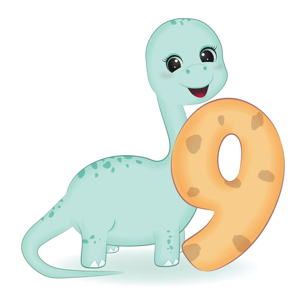 Cute Dinosaur with number 9, cartoon illustration vector