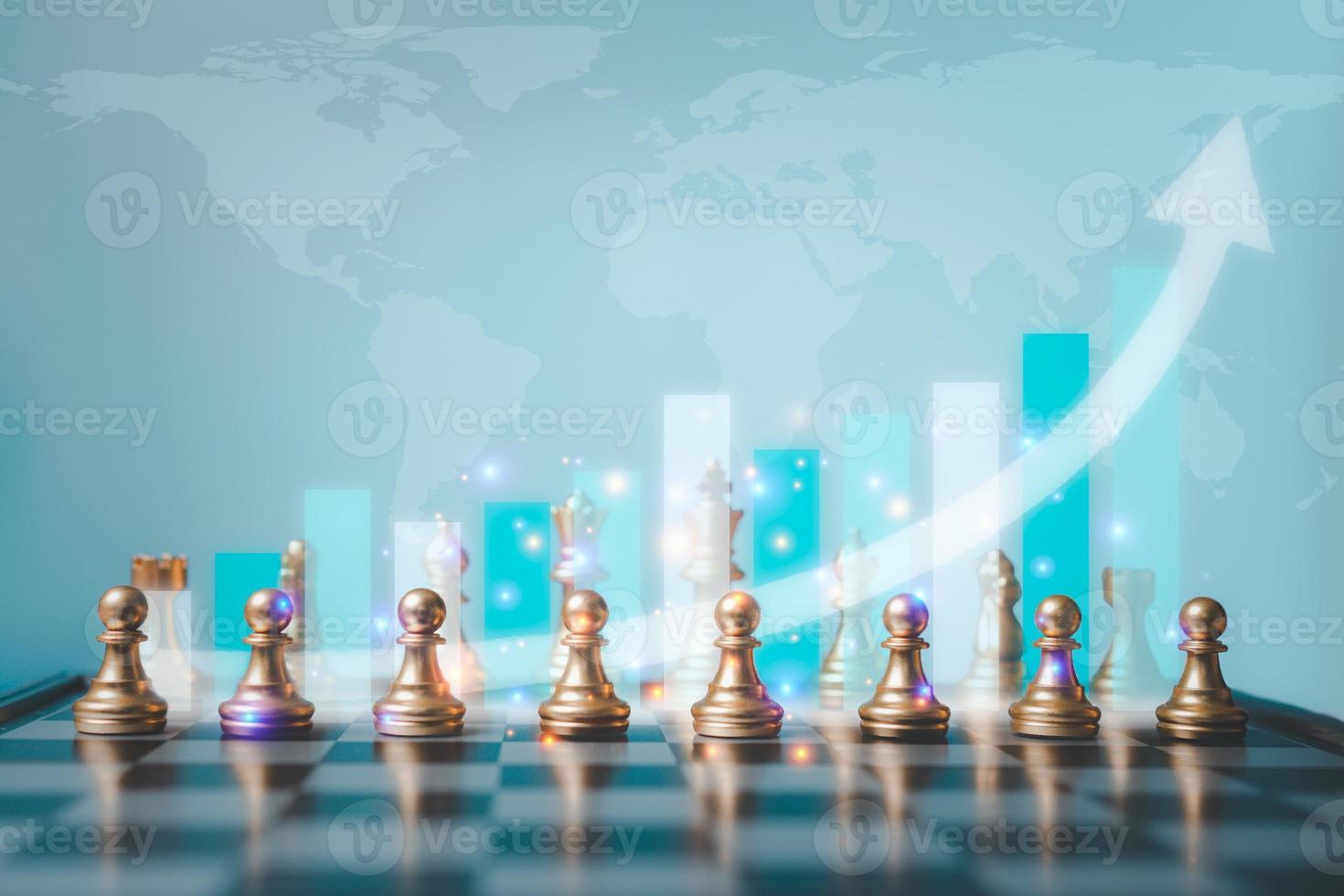 Selective focus of chess and growth business graph behind chess. World map in the background. The concept of the key success of business and finance is an analysis and strategy with professional. photo