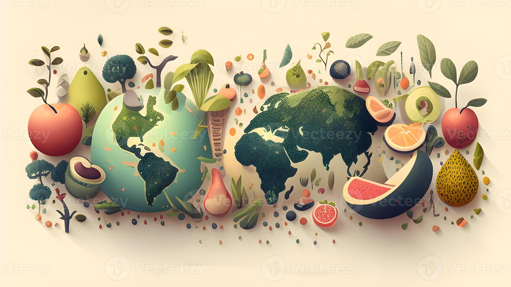 natural illustration design of fruit salad with watermelon, green leaves, and trees. . photo