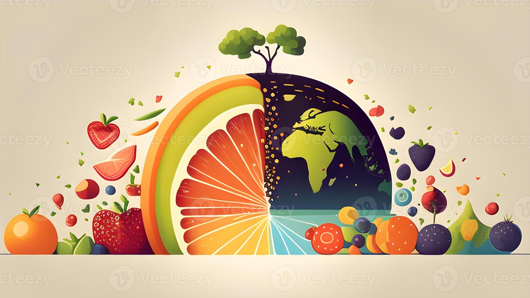 natural illustration design of fruit salad with watermelon, green leaves, and trees. . photo