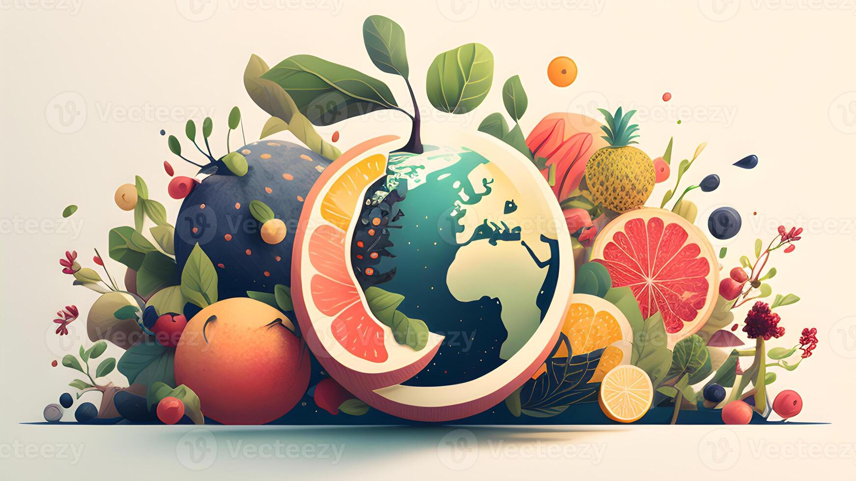 natural illustration design of fruit salad with watermelon, green leaves, and trees. . photo