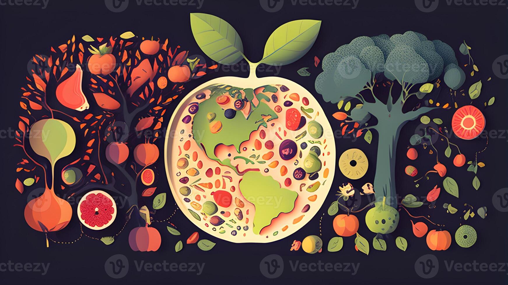 natural illustration design of fruit salad with watermelon, green leaves, and trees. . photo