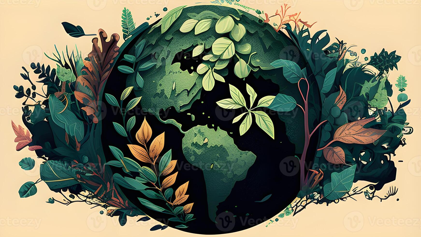 green planet earth with leaves, maps, and trees cute natural illustration design. . photo