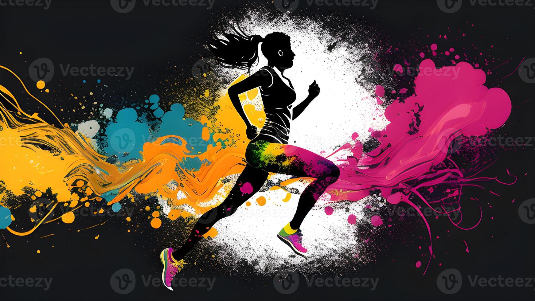 A woman ran with bubbles, and spray paint amidst a splash of vibrant circles. . photo