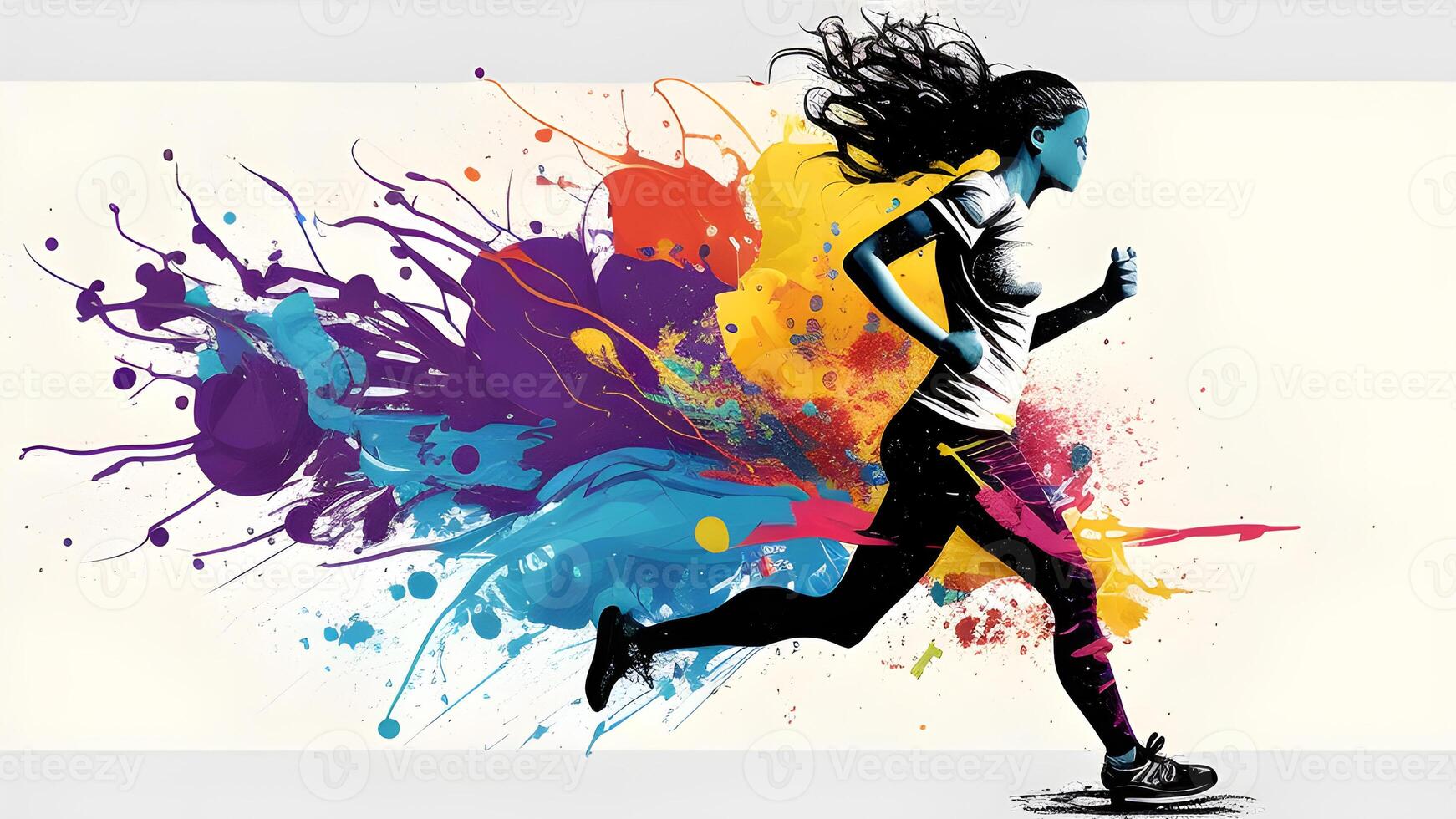 A woman ran with bubbles, and spray paint amidst a splash of vibrant circles. . photo