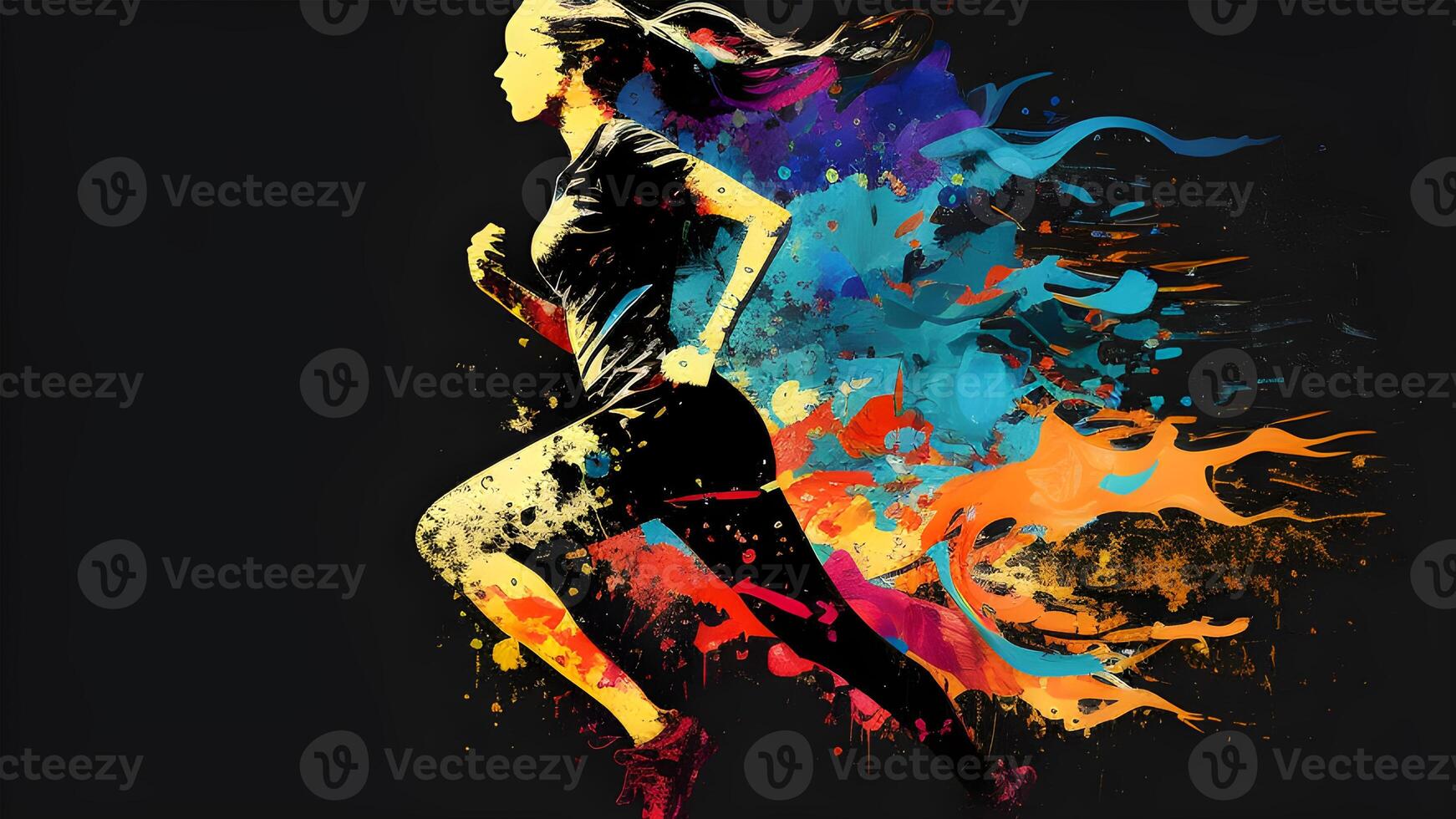 un mujer corrió con burbujas, y rociar pintar en medio de un chapoteo de vibrante círculos generativo ai. foto