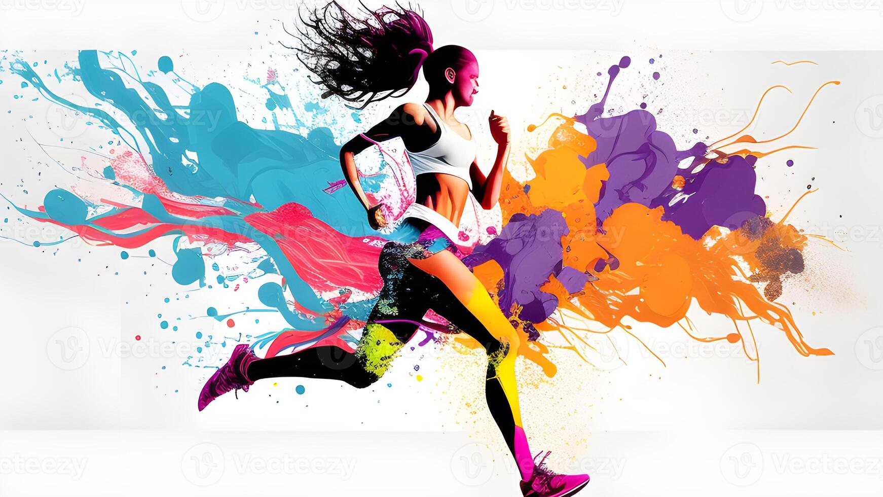 A woman ran with bubbles, and spray paint amidst a splash of vibrant circles. . photo