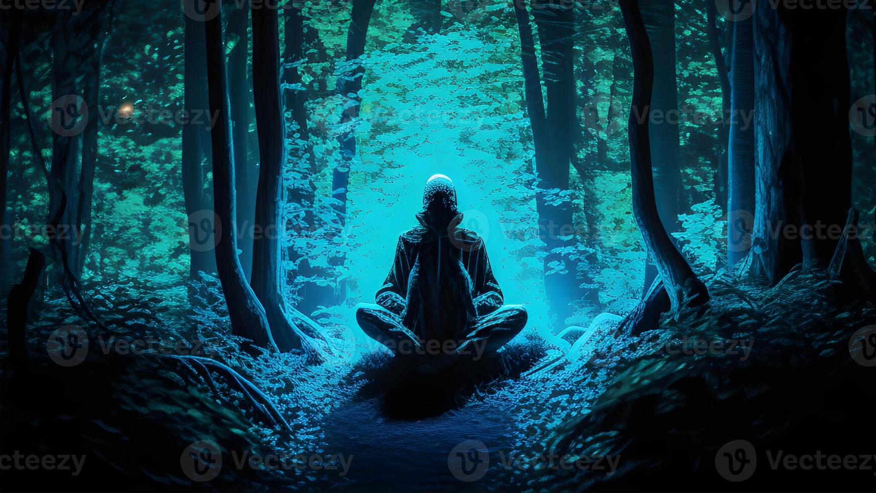 person in yoga position meditation in the deep green forest illustration design. . photo