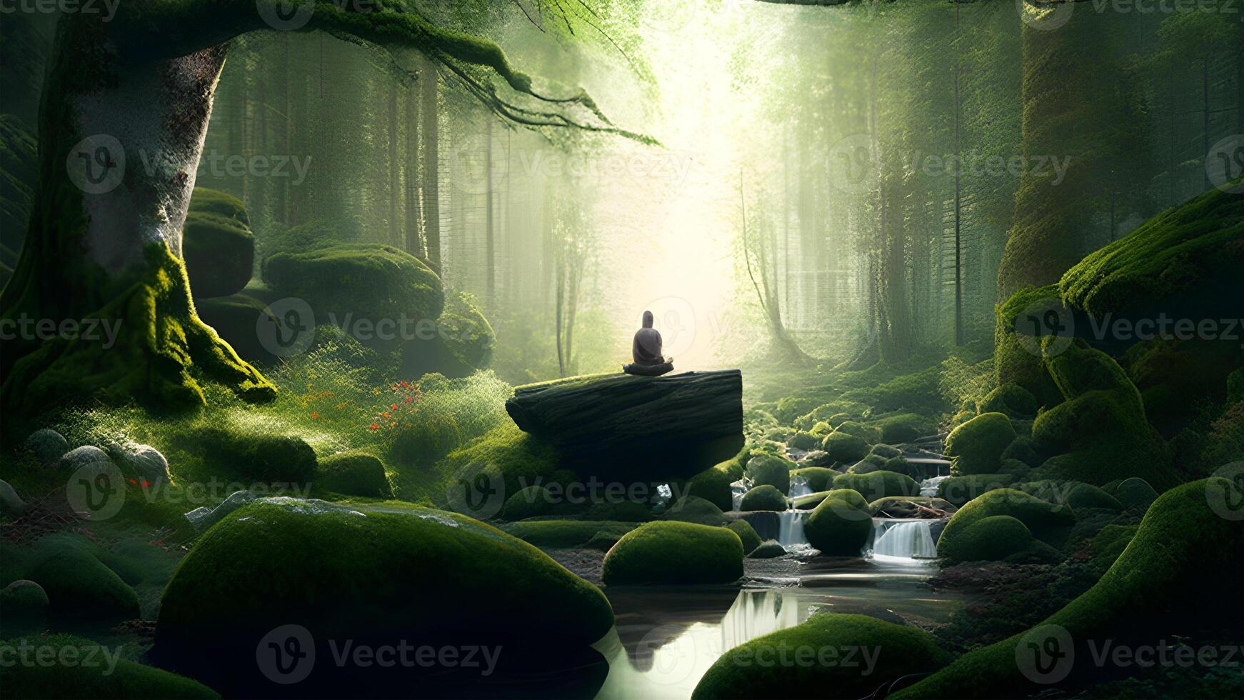 person in yoga position meditation in the deep green forest illustration design. . photo