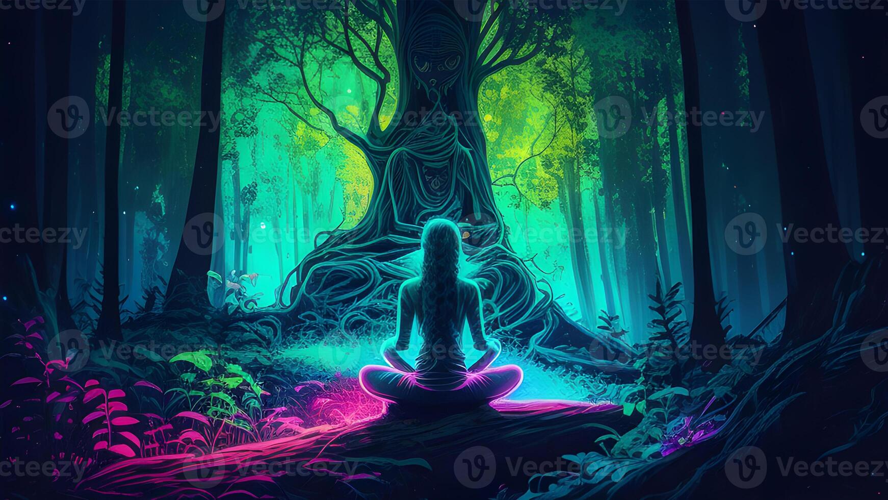 person in yoga position meditation in the deep green forest illustration design. . photo