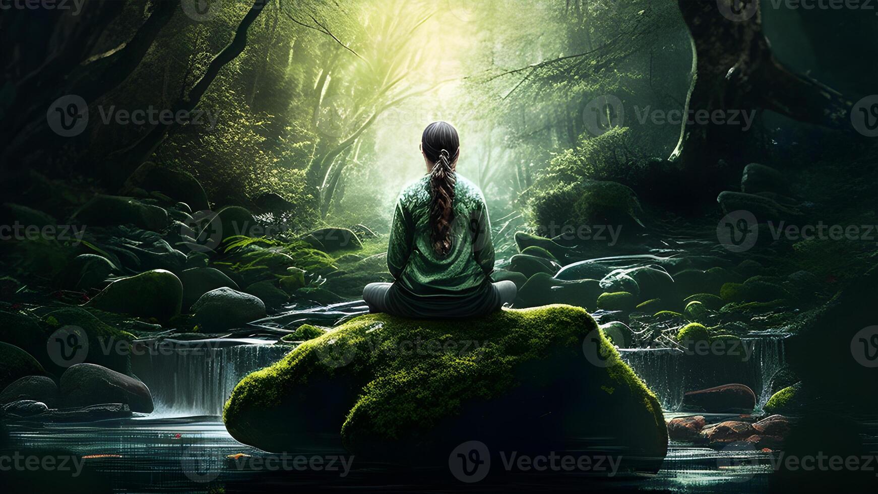 person in yoga position meditation in the deep green forest illustration design. . photo