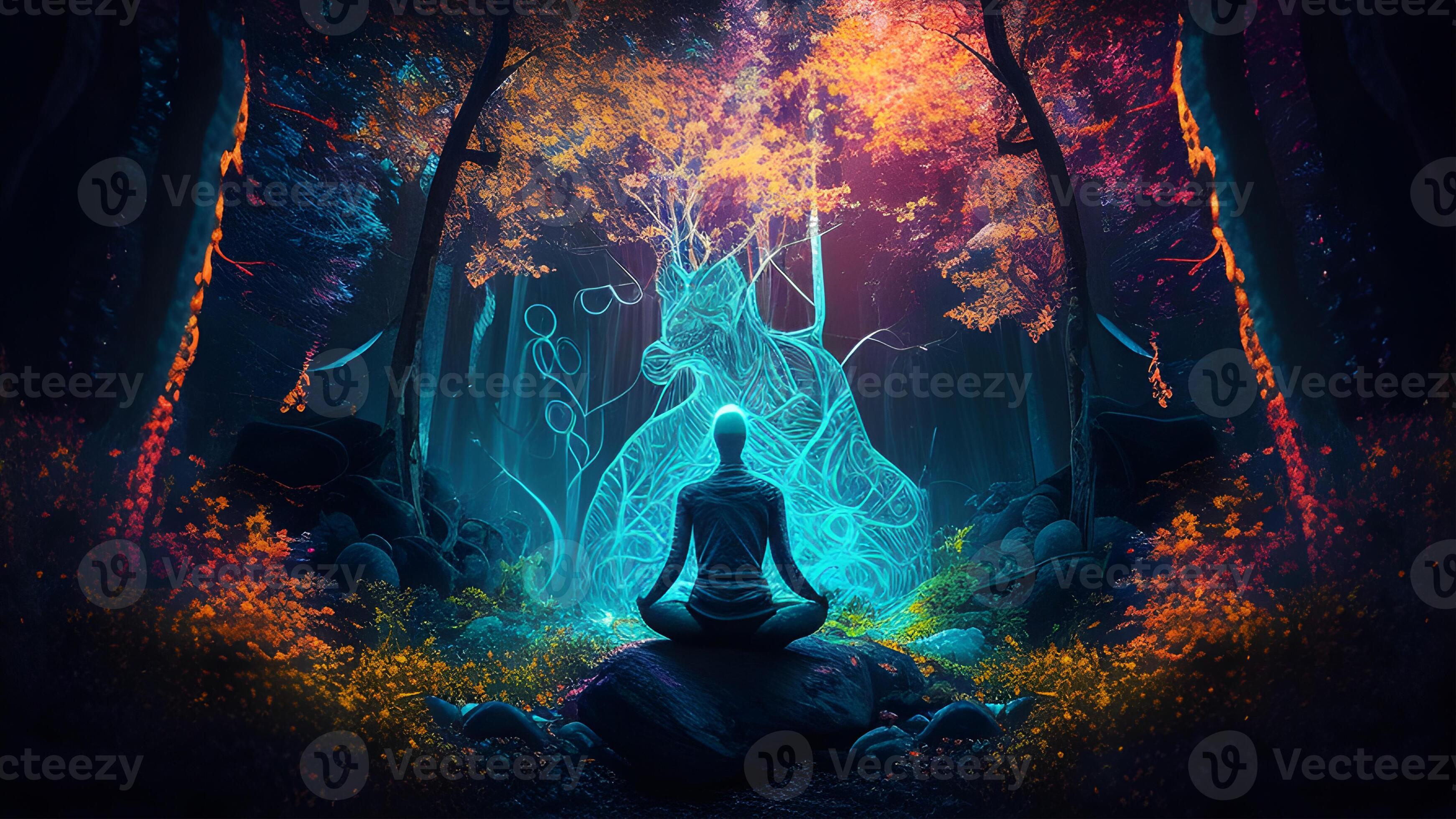 person in yoga position meditation in the deep green forest