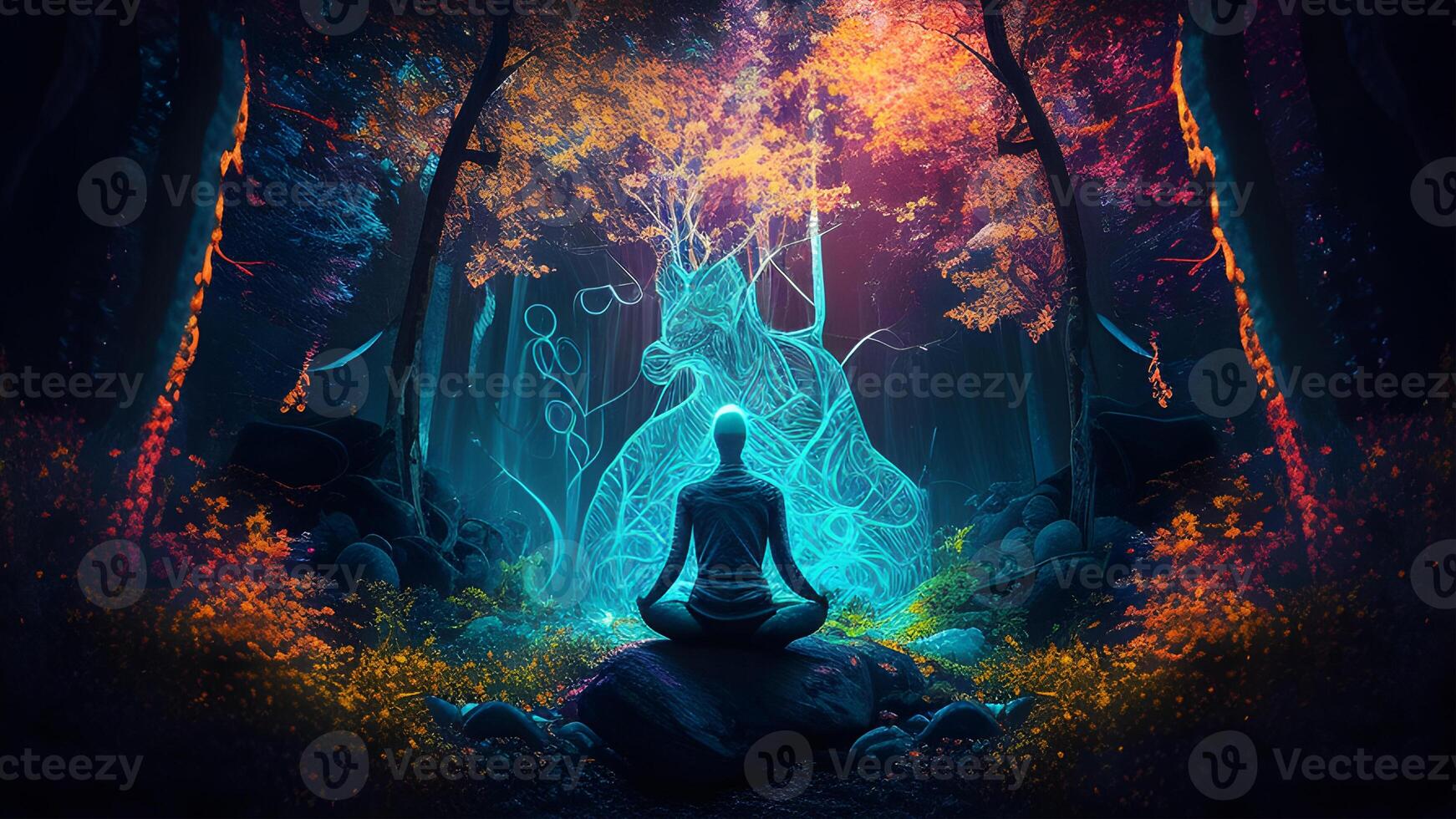 person in yoga position meditation in the deep green forest illustration design. . photo