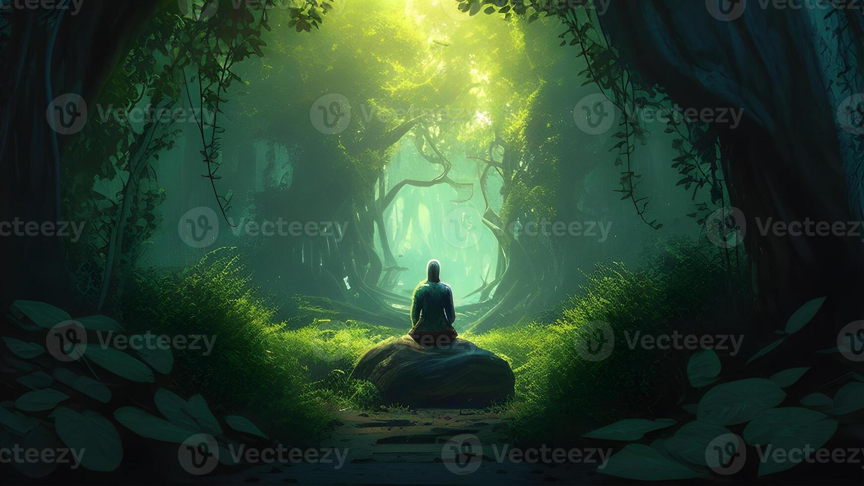 person in yoga position meditation in the deep green forest illustration design. . photo