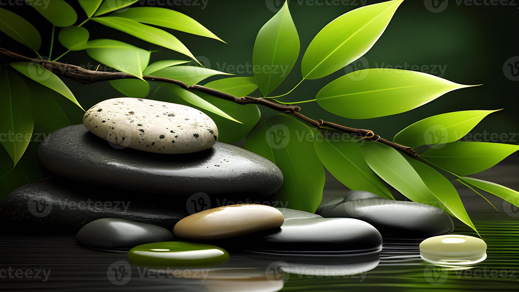 Natural spa illustration design with bamboo green leaves and zen stones. . photo