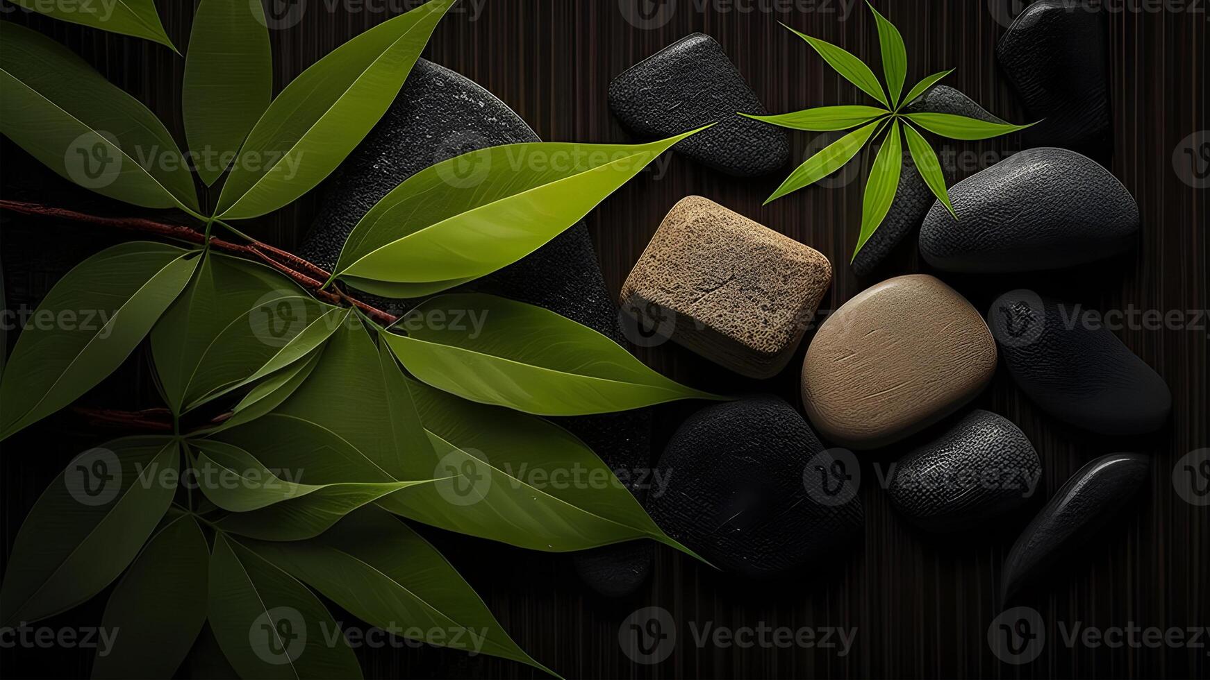 Natural spa illustration design with bamboo green leaves and zen stones. . photo