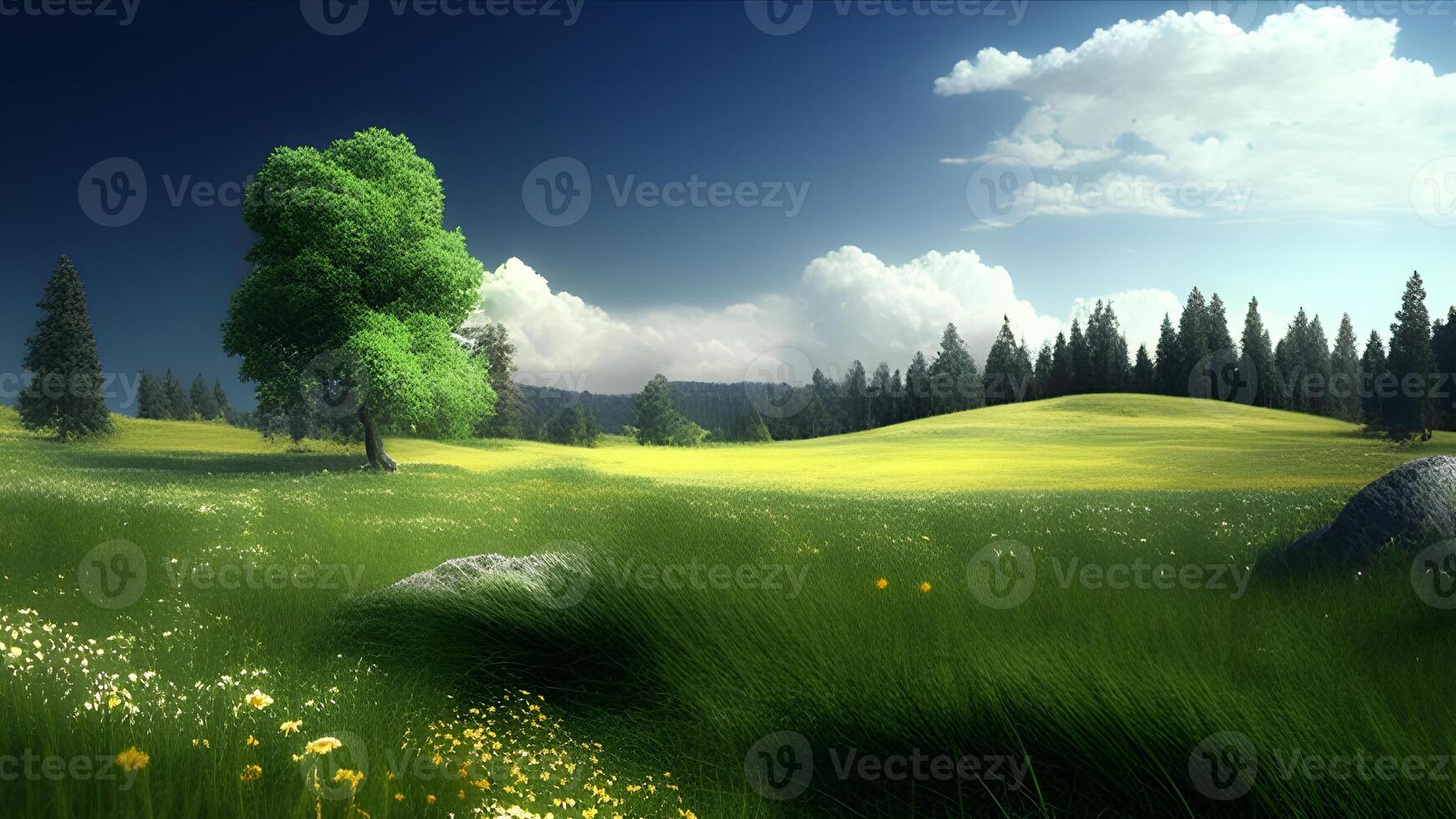 paisaje con verde césped y azul cielo, generativo ai. foto
