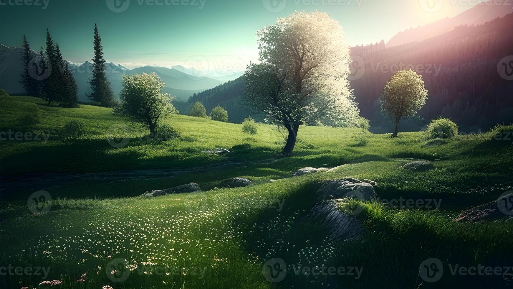 landscape with green grass and blue sky, . photo