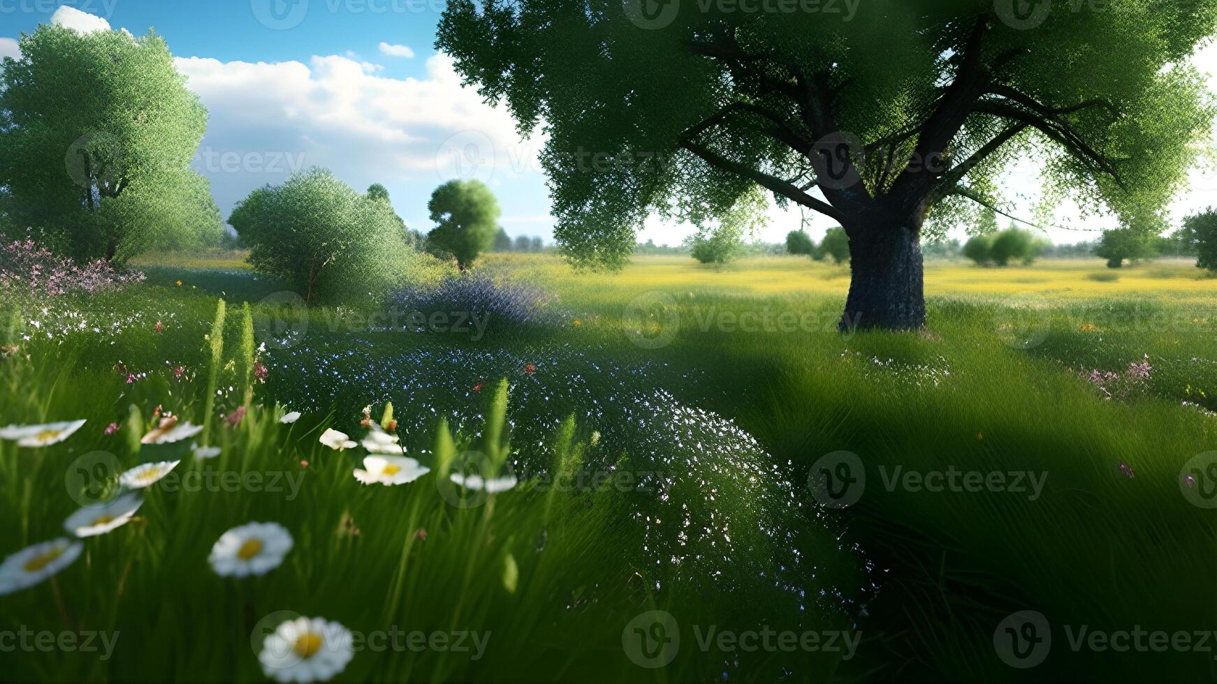 landscape with green grass and blue sky, . photo