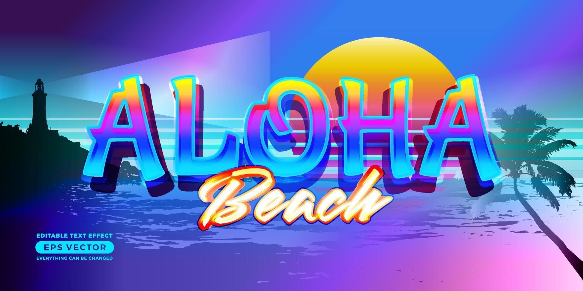 Aloha Beach Retro Editable Text Effect Style with vibrant theme realistic neon light concept for trendy flyer, poster and banner template promotion vector