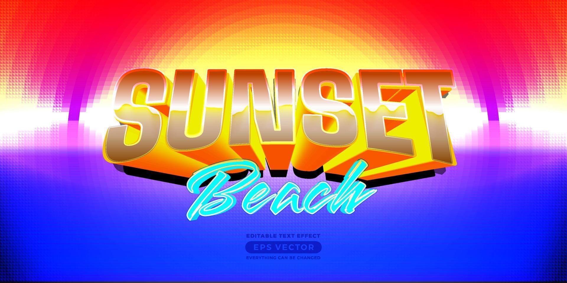Sunset beach retro editable text effect style with vibrant theme realistic neon light concept for trendy flyer, poster and banner template promotion vector