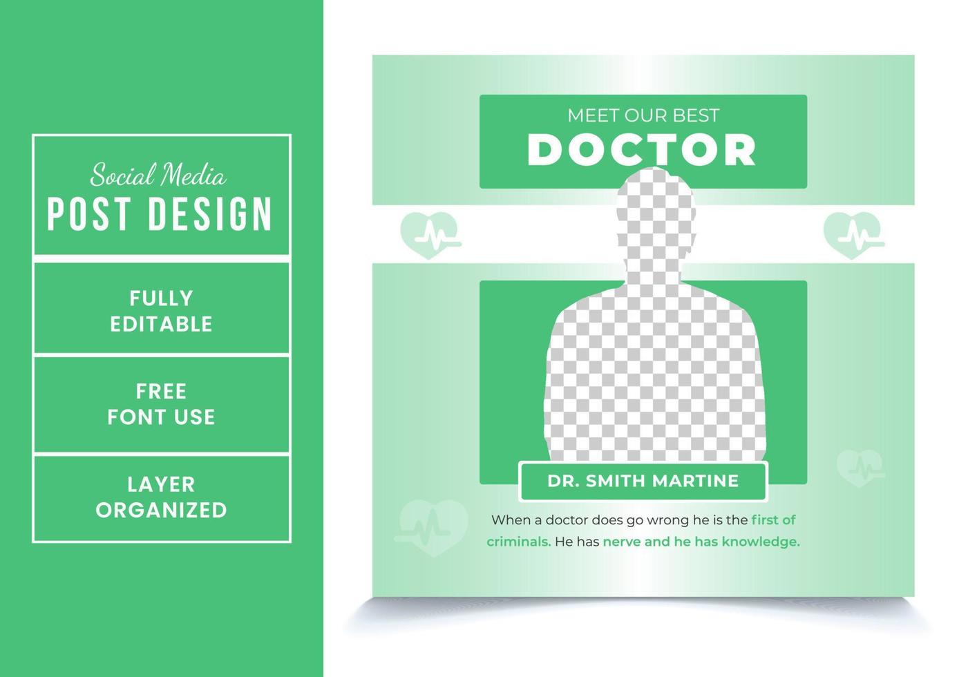 Meet our best doctor promotional medical service social media post design template fully editable EPS file format High quality easy to customize vector