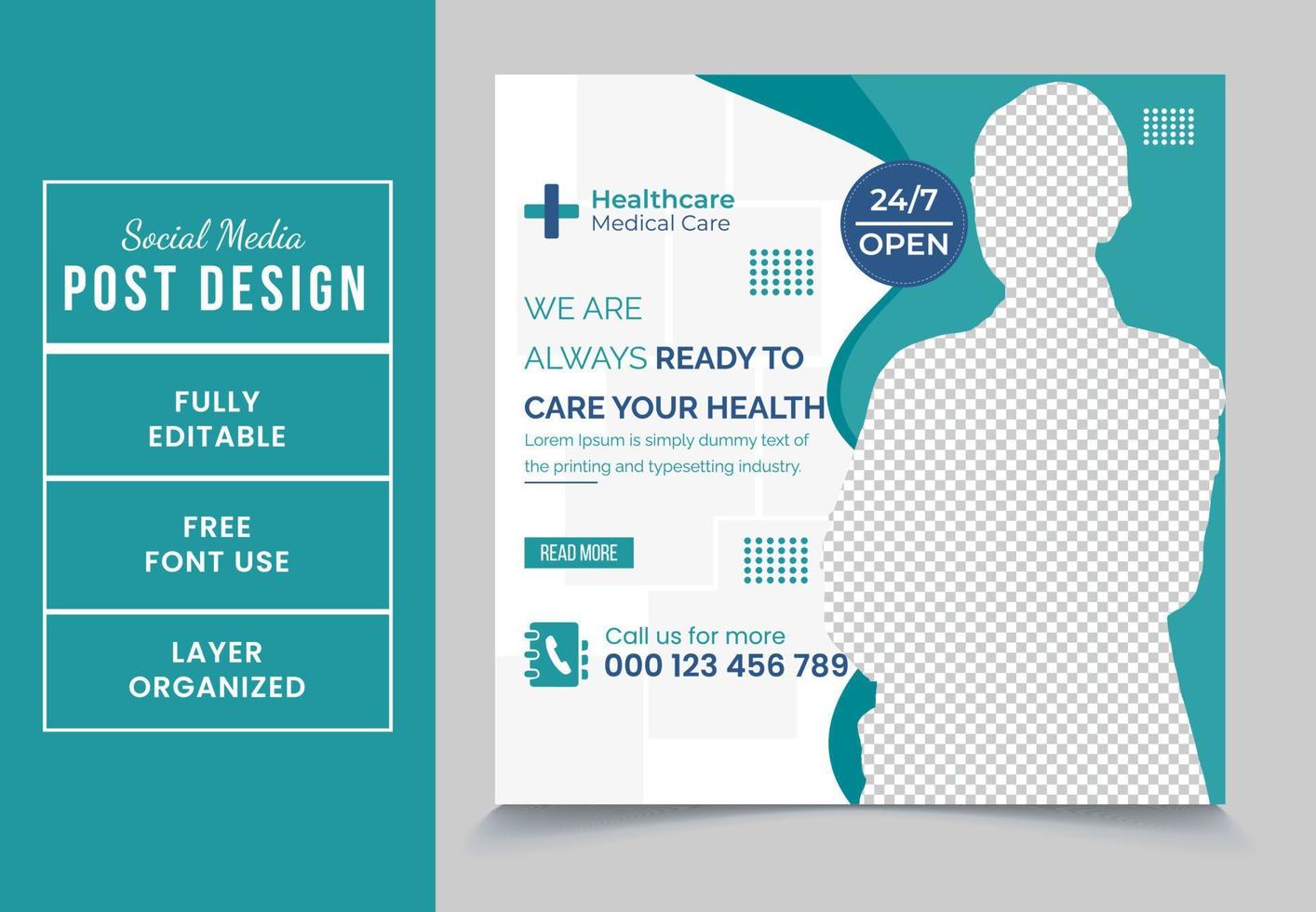 We take care of your health square promotional medical service social media post design template fully editable EPS file format High quality easy to customize vector