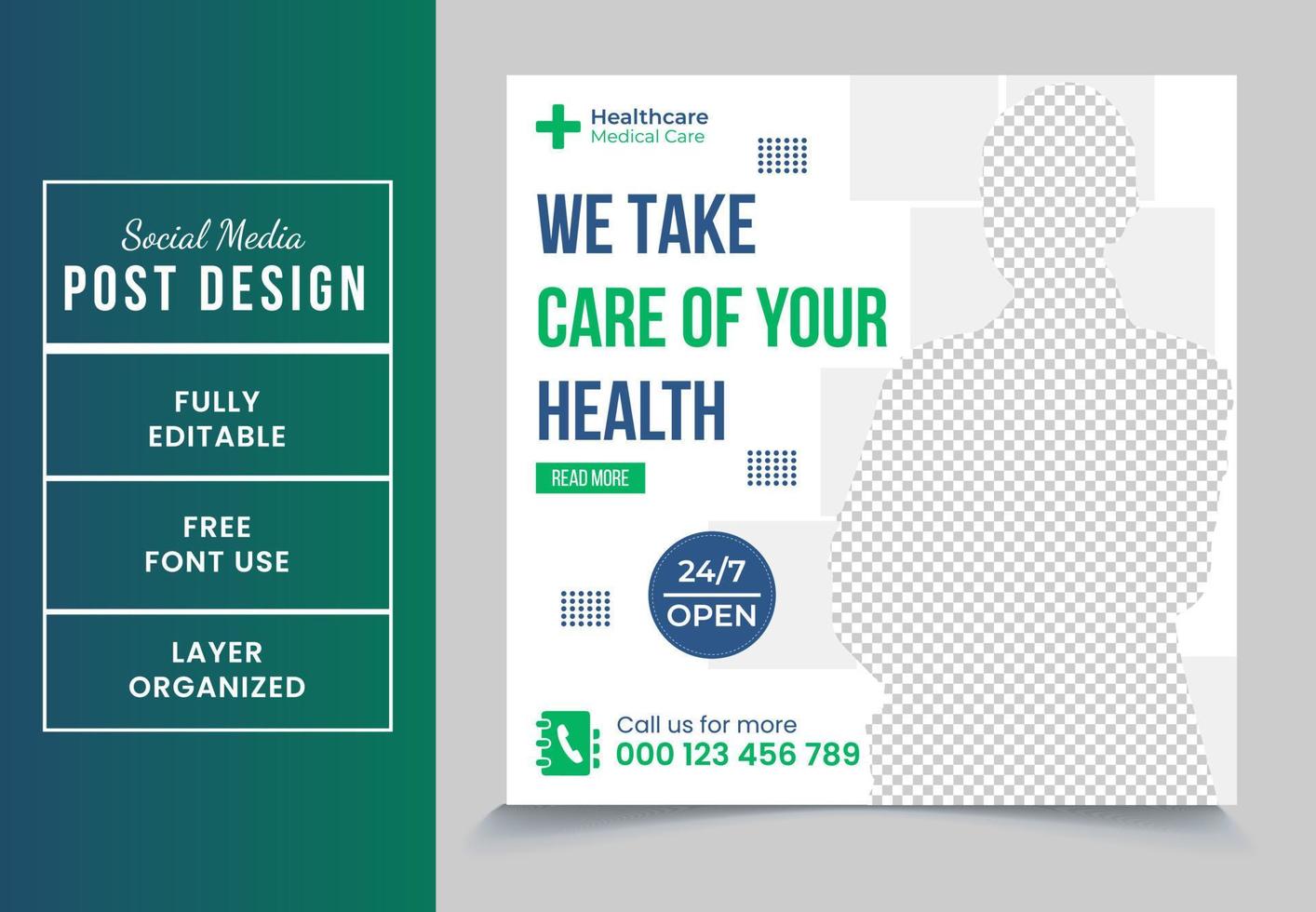 We take care of your health square promotional medical service social media post design template fully editable EPS file format High quality easy to customize vector