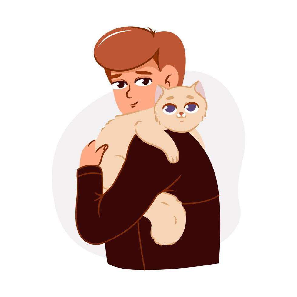 People and their cats isolated on a white background. A set of portraits of charming pet owners and cute pets. Vector illustration in a flat style