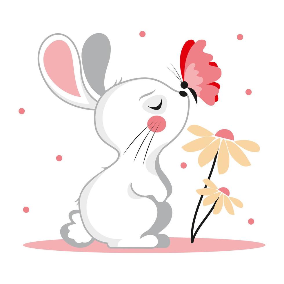 A rabbit is sitting on a green meadow. Hare in summer on the nose butterfly Vector illustration with cute animals in cartoon style.