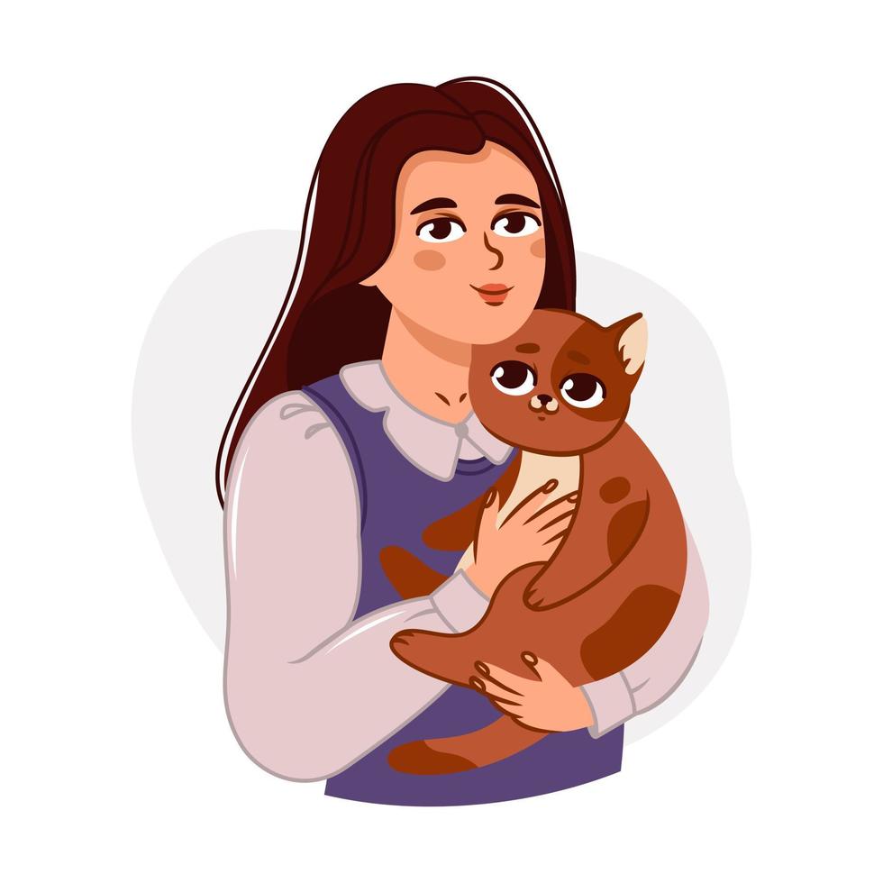 People and their cats isolated on a white background. A set of portraits of charming pet owners and cute pets. Vector illustration in a flat style