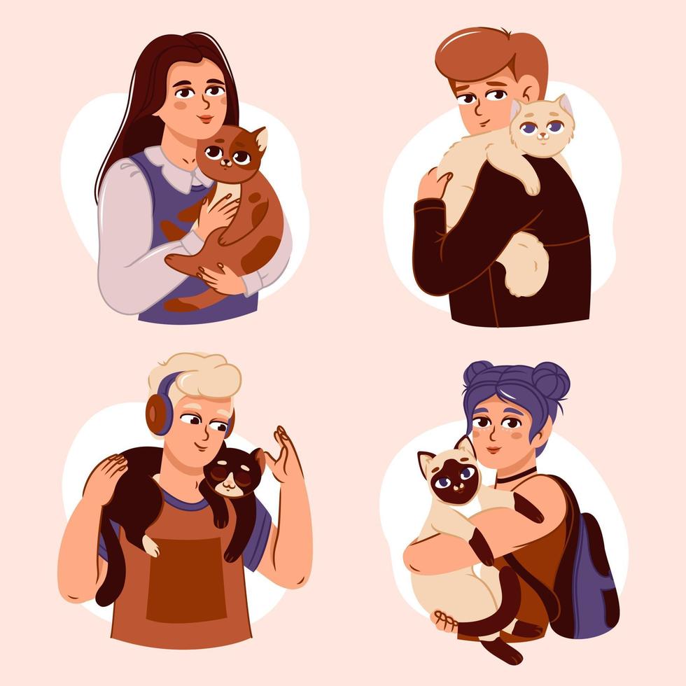 People and their cats isolated on a white background. A set of portraits of charming pet owners and cute pets. Vector illustration in a flat style