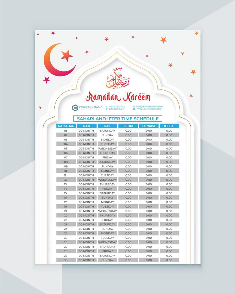 ramadan calendar - ramadan schedule - ramadan iftar time - islamic calendar design vector