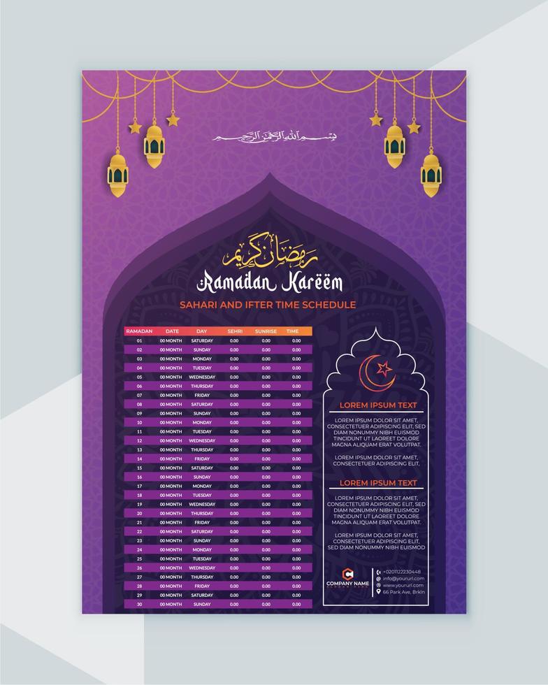 ramadan calendar - ramadan schedule design - ramadan iftar time - romadan timings - islamic calendar design vector