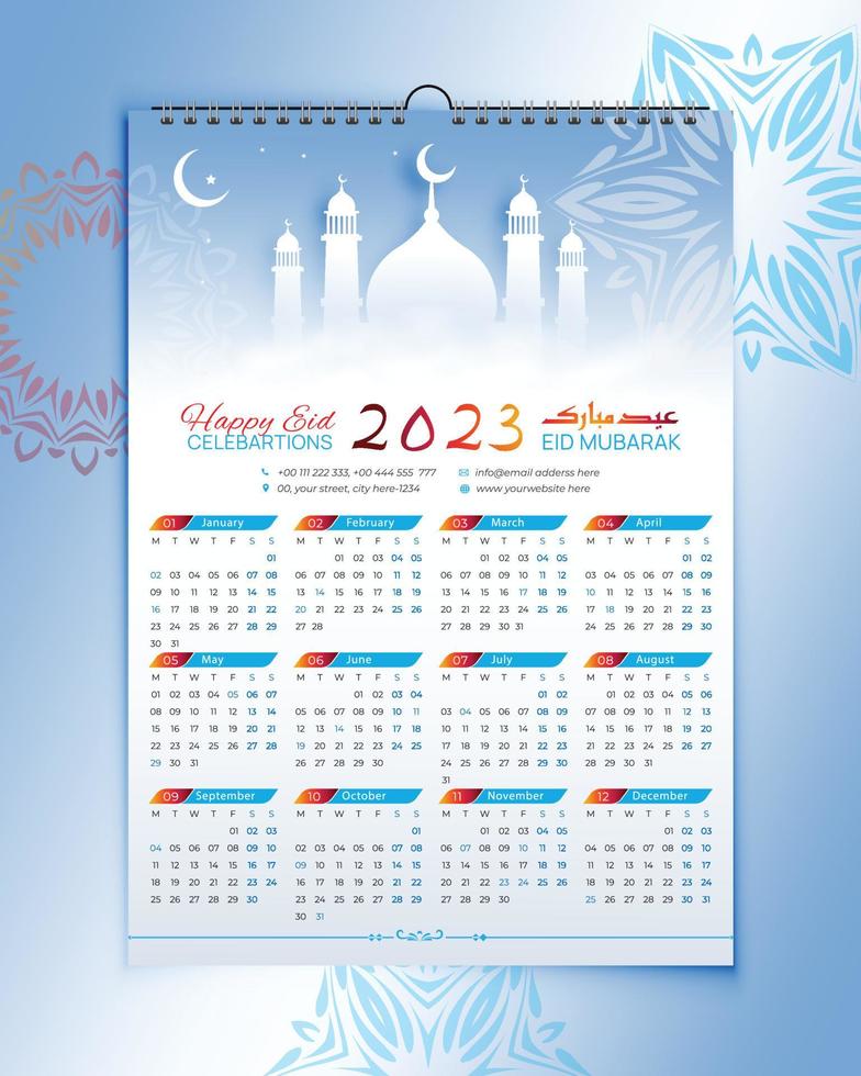 islámico calendario diseño - Ramadán calendario 2023 - uno página calendario diseño - 12 meses calendario - islámico diseño vector