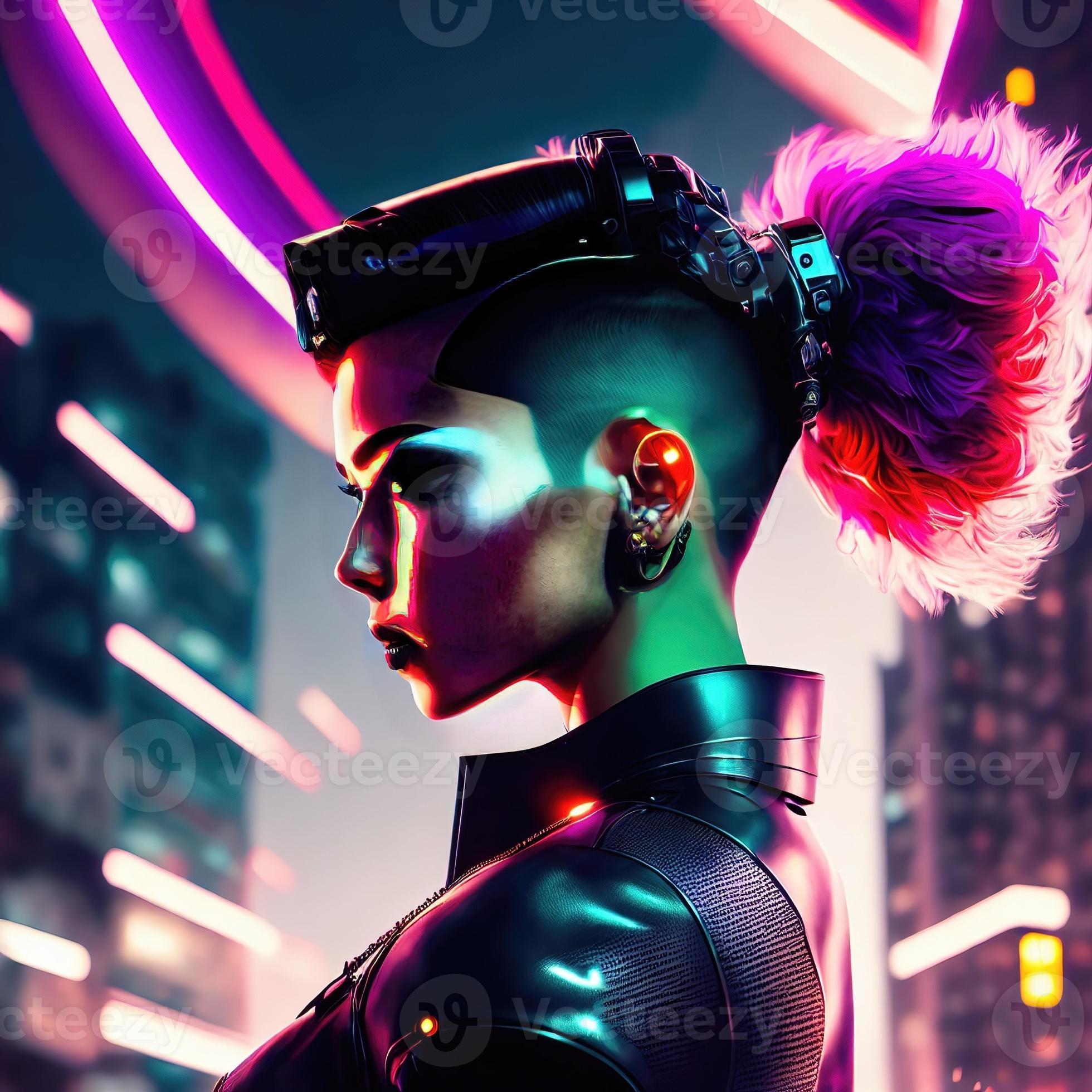Premium AI Image  Cyberpunk styled woman on city background